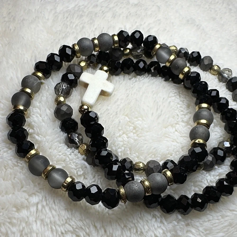 Beaded Bracelet Set of 3 w/Cross Charm on Black & Mirrored Grey & Gold Tone NWOT